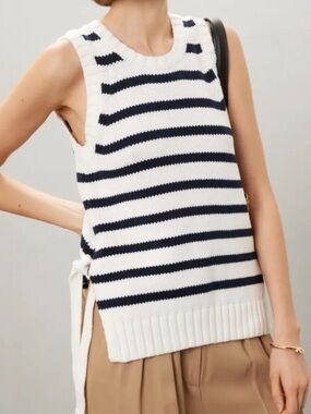 Splendid White and Navy Striped Sleeveless Knit Tank with Side Ties